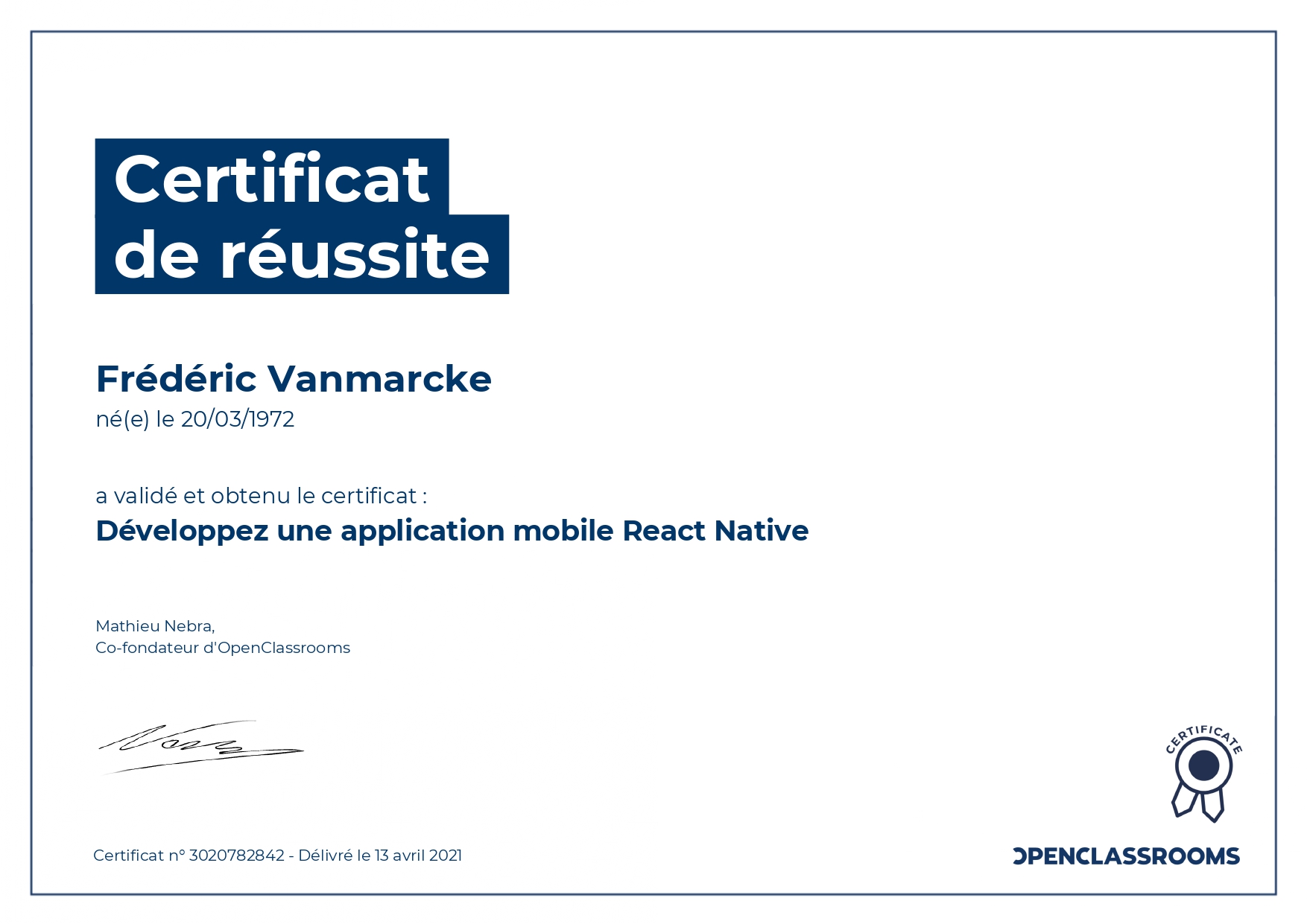 certificat React Native